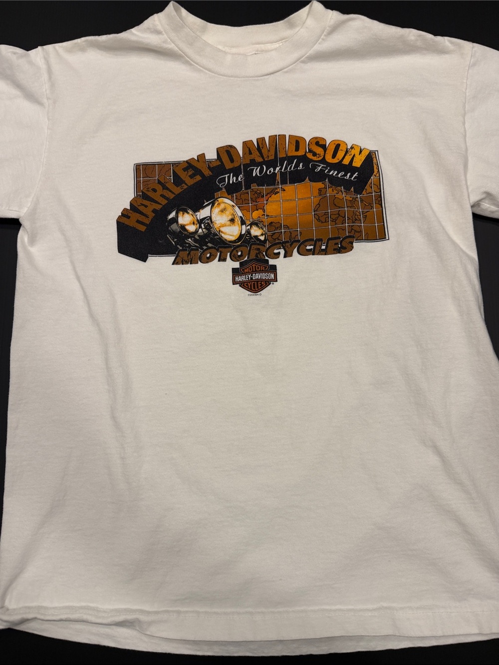 Harley-Davidson White Tee with Orange and Black Motorcycle Graphic
